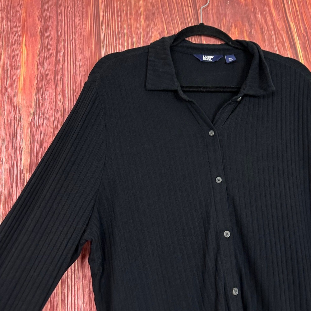 Lands End Womens XL Black Ribbed Knit Button Up Long Sleeve Collared Shirt Top - Picture 3 of 6